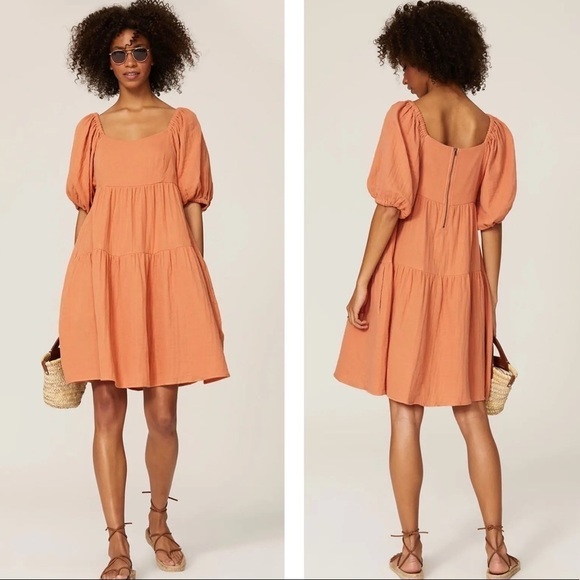 Louna Rust Tiered Puff Sleeve Smocked Mini Dress Size Small - Picture 1 of 12